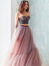 A Line Two Piece Sweetheart Pink Tulle Prom Dress LBQ3053